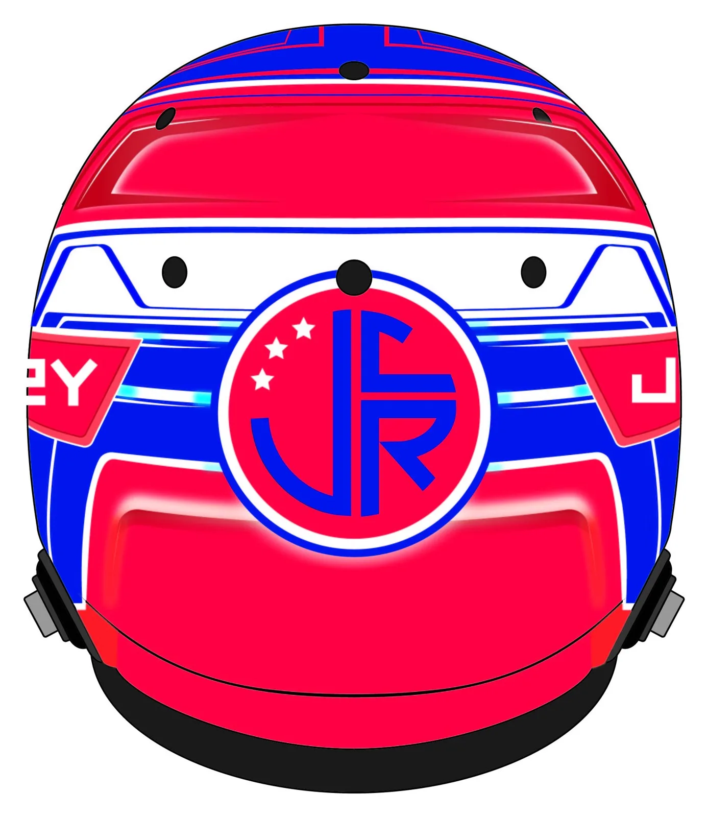 Jameson Riley's helmet livery, back view with the JCR mark